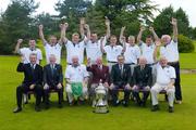 18 September 2004; Pictured at the Presentation of the Bulmers Senior Cup at Shannon Golf Club, Shannon, Co. Clare, the Ballyclare G.C. team, who beat Tramore in the final.  Back row (left to right): Robert Forsythe, Johnny Drummond, David Britton, John Foster, Simon McConnell, Colin Steele, Steven Rea and John Foster Snr.  Front row (left to right): Maurice Breen, Marketing Director, Magners; P.J. Collins, Ulster Branch GUI; Philip Armstrong, Team Captain; Matt Crothers, Captain;  Lindsey Shanks, President Elect, Golfing Union of Ireland, Bernie Hynes, Chairman, Munster Branch, GUI and David McWhirter.  Bulmers Senior Cup Final, Tramore v Ballyclare, Shannon Golf Club, Shannon, Co. Clare. Picture credit; Ray McManus / SPORTSFILE