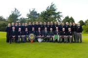 18 September 2004; Pictured at the presentation of the Bulmers Jimmy Bruen Shield at Shannon Golf Club, Shannon, Co. Clare, the winning Dundalk G.C. team, who beat Kilkeel in the final.  Back row (left to right):  Charlie Monahan, Ken Lynch, John McCann, Kevin Barry, Brian Mernagh, Liam Mernagh, Alan McCabe, Ruairi Gogarty, Sean Reidy, Fergal Harte, Maurice Murphy, Ken Norton, Patsy Cole, Mikey Coburn, Ciaran Cooney, Gerry Clarke, Terry Sloane, Secretary Manager, Garrett Duffy, Ciaran Sherridan and Brian Ward.  Front row (left to right): Maurice Breen, Marketing Director, Bulmers; Jim Dwyer, Damian English, Michael Hamilton, Michael Gallagher, Club Captain, Lindsey Shanks, President Elect, Golfing Union of Ireland Bernie Hynes, Chairman, Munster Branch, GUI; Jan Van Dyk, Club President, Michael Gill and Patrick McGuinness.  Bulmers Jimmy Bruen Shield Final, Dundalk v Kilkeel, Shannon Golf Club, Shannon, Co. Clare. Picture credit; Ray McManus / SPORTSFILE