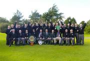 18 September 2004; Pictured at the presentation of the Bulmers Jimmy Bruen Shield at Shannon Golf Club, Shannon, Co. Clare, the winning Dundalk G.C. team, who beat Kilkeel in the final.  Back row (left to right):  Charlie Monahan, Ken Lynch, John McCann, Kevin Barry, Brian Mernagh, Liam Mernagh, Alan McCabe, Ruairi Gogarty, Sean Reidy, Fergal Harte, Maurice Murphy, Ken Norton, Patsy Cole, Mikey Coburn, Ciaran Cooney, Gerry Clarke, Terry Sloane, Secretary Manager, Garrett Duffy, Ciaran Sherridan and Brian Ward.  Front row (left to right): Maurice Breen, Marketing Director, Bulmers; Jim Dwyer, Damian English, Michael Hamilton, Michael Gallagher, Club Captain, Lindsey Shanks, President Elect, Golfing Union of Ireland Bernie Hynes, Chairman, Munster Branch, GUI; Jan Van Dyk, Club President, Michael Gill and Patrick McGuinness.  Bulmers Jimmy Bruen Shield Final, Dundalk v Kilkeel, Shannon Golf Club, Shannon, Co. Clare. Picture credit; Ray McManus / SPORTSFILE