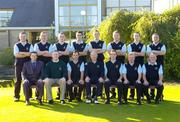 17 September 2004; The Kilkeel Golf Club team, back row, left to right, Mark Trainor, Ciaran Hartigan, Colin Quinn, Thomas Moan, Anthony Ward, Paul Higgins, Johnny Aiken and Graeme Morrow, Front row, left to right, Stephen Kent Magners Marketing Manager, Paul McKibbin, club captain, Rory Sloane, team captain, Moore Macauley, club president, Kieran Poland, Trevor Weir and Pascal Morgan who played Portumna Golf Club in the semi-finals of Bulmers Jimmy Bruen Shield. Shannon Golf Club, Shannon, Co. Clare. Picture credit; Ray McManus / SPORTSFILE