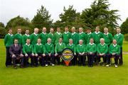 16 September 2004; The Tralee Golf Club team, back row, left to right, Fionan O'Carroll, Peter O'Driscoll, Brian Lennon, Michael O'Brien, Maurice Laide, Patrick Curran, Pat Commerford, Liam Hussey, Sean McCarthy, Richard Barrett, Seamus Enright, Martin Mitchell and Paudie Nolan. Front row, left to right,  Stephen Kent, Bulmers Marketing Manager, Danny Leen, Tony O'Halloran, Sean Reidy, Louie Quinlan, club captain, John Murphy, team captain, Rory Kilgallen, club president, Philip O'Sullivan, Denis Lyons, Dominic Foley, who played Ballinrobe Golf Club in the final of the Bulmers Pierce Purcell Shield. Shannon Golf Club, Shannon, Co. Clare. Picture credit; Ray McManus / SPORTSFILE