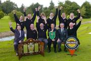 16 September 2004; At the presentation of the Bulmers Barton Shield to Dublin's Sutton Golf Club, who beat Ballyclare Golf Club from Co Antrim, are back row, left to right, Alan Darbey, Derek Downie, Chris Heather, Paul Byrne, Mark Collins and Seamus McMonagle. Front row, left to right, Stephen Kent, Bulmers Marketing Manager, Brian Wallace and Pat Bowen, the team managers, Cathal Saunders, club captain, Lindsey Shanks, President elect, Golfing Union of Ireland and Paddy Holder, President of Sutton Golf Club. Bulmers Barton Shield Final, Sutton Golf Club v Ballyclare Golf Club, Shannon Golf Club, Shannon, Co. Clare. Picture credit; Ray McManus / SPORTSFILE