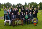 16 September 2004; At the presentation of the Bulmers Barton Shield to Dublin's Sutton Golf Club, who beat Ballyclare Golf Club from Co Antrim, are back row, left to right, Alan Darbey, Derek Downie, Chris Heather, Paul Byrne, Mark Collins and Seamus McMonagle. Front row, left to right, Stephen Kent, Bulmers Marketing Manager, Brian Wallace and Pat Bowen, the team managers, Cathal Saunders, club captain, Lindsey Shanks, President elect, Golfing Union of Ireland and Paddy Holder, President of Sutton Golf Club. Bulmers Barton Shield Final, Sutton Golf Club v Ballyclare Golf Club, Shannon Golf Club, Shannon, Co. Clare. Picture credit; Ray McManus / SPORTSFILE