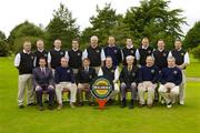 16 September 2004; The Ballinrobe Golf Club team, back row, left to right, Pat Malone, John Canty, Dave Fleming, Mont Hennigan, Pat Nalty, Danny O'Connell, John O'Shea, Noel Browne, Ray Darcy, Pat Coyne. Front row, left to right, Stephen Kent, Bulmers Marketing Manager, Ger Garvey, Jarleth O'Reilly, club captain, JJ Gannon, team captain, John Walsh, club president, John Monahan and Martin Gannon, who played Borris Golf Club in the semi-finals of Bulmers Pierce Purcell Shield. Shannon Golf Club, Shannon, Co. Clare. Picture credit; Ray McManus / SPORTSFILE