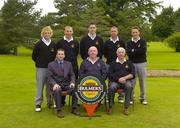 17 September 2004; Pictured at the Bulmers Senior Cup Semi-Final, Sutton v Ballyclare at Shannon Golf Club, Shannon, Co. Clare, the Sutton G.C. team.  Back row (left to right): Seamus McMonagle, Derek Downie, Paul Byrne, Mark Collins and Alan Darbey. Front row (left to right): Stephen Kent, Marketing Manager, Bulmers; Brian Wallace and Pat Bowen, joint Team Managers. Bulmers Senior Cup Semi-Final, Sutton v Ballyclare, Shannon Golf Club, Shannon, Co. Clare. Picture credit; Ray McManus / SPORTSFILE