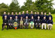 17 September 2004; Pictured at the presentation of the Bulmers Pierce Purcell Shield at Shannon Golf Club, Shannon, Co. Clare, the winning Ballinrobe G.C. team, who beat Tralee in the final.  Back row (left to right):  Dave Fleming, Pat Coyne, Pat Malone, Monty Heneghan, Ger Garvey, Pat Nalty, John Joyce, Danny O'Connell, John O'Shea, Noel Browne, John Canty, Ray Darcy and Charlie O'Sullivan. Front row (left to right): Maurice Breen, Marketing Director, Bulmers; Bernie Hynes, Chairman, Munster Branch, GUI; Lindsey Shanks, President Elect, Golfing Union of Ireland; Jarlath O'Reilly, Captain, Ballinrobe G.C.; Tommy Basquille, Chairman, Connacht Branch, GUI; JJ Gannon, Team Captain, Ballinrobe G.C.; Jim Walsh, President, Ballinrobe G.C.; John Monahan and Martin Gannon.  Bulmers Pierce Purcell Shield Final, Ballinrobe v Tralee, Shannon Golf Club, Shannon, Co. Clare. Picture credit; Ray McManus / SPORTSFILE
