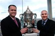 20 September 2004; Longford Town manager Alan Mathews, left, with Drogheda United manager Paul Doolin at the 2004 FAI Carlsberg Cup semi-final draw where the two teams were drawn against each other. Gravity Bar, Guinness Hopstore, Dublin. Picture credit; David Maher / SPORTSFILE