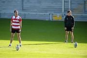 10 October 2013; Ulster's Ruan Pienaar and Paddy Jackson practise their kicking during squad training ahead of their Heineken Cup, Pool 5, Round 1, match against Leicester Tigers on Friday. Ulster Rugby Squad Training, Ravenhill Stadium, Belfast, Co. Antrim. Picture credit: Oliver McVeigh / SPORTSFILE