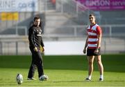 10 October 2013; Ulster's Ruan Piennar, right, practises his kicking watched by Jared Payne during squad training ahead of their Heineken Cup, Pool 5, Round 1, match against Leicester Tigers on Friday. Ulster Rugby Squad Training, Ravenhill Stadium, Belfast, Co. Antrim. Picture credit: Oliver McVeigh / SPORTSFILE
