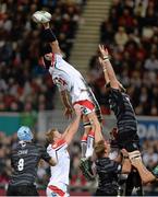 11 October 2013; Johann Muller, Ulster, wins possession in a lineout against Geoff Parling, Leicester Tigers. Heineken Cup 2013/14, Pool 5, Round 1, Ulster v Leicester Tigers, Ravenhill Park, Belfast, Co. Antrim. Picture credit: Oliver McVeigh / SPORTSFILE
