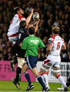 11 October 2013; Nick Williams, Ulster, contests a high ball with Ed Slater, Leicester Tigers. Heineken Cup 2013/14, Pool 5, Round 1, Ulster v Leicester Tigers, Ravenhill Park, Belfast, Co. Antrim. Picture credit: Ramsey Cardy / SPORTSFILE