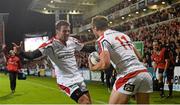 11 October 2013; Tommy Bowe, Ulster, right, celebrates with Jared Payne after scoring his side's first try. Heineken Cup 2013/14, Pool 5, Round 1, Ulster v Leicester Tigers, Ravenhill Park, Belfast, Co. Antrim. Picture credit: Oliver McVeigh / SPORTSFILE