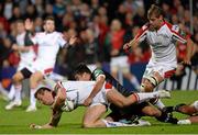 11 October 2013; Tommy Bowe, Ulster, is tackled by Dan Bowden, Leicester Tigers. Heineken Cup 2013/14, Pool 5, Round 1, Ulster v Leicester Tigers, Ravenhill Park, Belfast, Co. Antrim. Picture credit: Oliver McVeigh / SPORTSFILE
