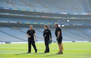28 September 2013; Croke Park pitch manager Stuart Wilson, centre, and groundsmen Padhraic Greene, left, and Marcel Bentea prepare the pitch before the day's matches. GAA Hurling All-Ireland Senior Championship Final Replay, Cork v Clare, Croke Park, Dublin. Picture credit: Brendan Moran / SPORTSFILE