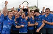 12 October 2013; The Leinster team celebrate with the cup, held aloft by captain Andrew Feeney, after victory over Connacht. Under 18 Club Interprovincial, Connacht v Leinster, Sportsground, Galway. Picture credit: Diarmuid Greene / SPORTSFILE