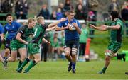 12 October 2013; Joe Carley, Leinster, is tackled by Joe Conway, left, Stephen Kerins and Matthew Cosgrove, right, Connacht. Under 18 Club Interprovincial, Connacht v Leinster, Sportsground, Galway. Picture credit: Diarmuid Greene / SPORTSFILE