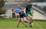 12 October 2013; Ger O'Connor, Leinster, is tackled by Ruairi Greene and Jack Keegan, right, Connacht. Under 18 Club Interprovincial, Connacht v Leinster, Sportsground, Galway. Picture credit: Diarmuid Greene / SPORTSFILE