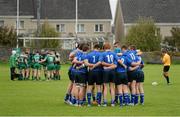 12 October 2013; The Leinster and Connacht teams gather together in their huddles before the game. Under 18 Club Interprovincial, Connacht v Leinster, Sportsground, Galway. Picture credit: Diarmuid Greene / SPORTSFILE