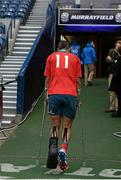 12 October 2013; Munster's Simon Zebo, with his left leg in a 'moon boot', leaves the pitch after defeat to Edinburgh. Heineken Cup 2013/14, Pool 6, Round 1, Edinburgh v Munster, Murrayfield, Edinburgh, Scotland.  Picture credit: Brendan Moran / SPORTSFILE