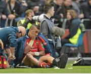 12 October 2013; Simon Zebo, Munster, watches the final moments of the game with a 'moon boot' on his left leg. Heineken Cup 2013/14, Pool 6, Round 1, Edinburgh v Munster, Murrayfield, Edinburgh, Scotland.  Picture credit: Brendan Moran / SPORTSFILE