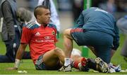 12 October 2013; Simon Zebo, Munster, has a 'moon boot' fitted to his left leg after receiving an injury late in the game. Heineken Cup 2013/14, Pool 6, Round 1, Edinburgh v Munster, Murrayfield, Edinburgh, Scotland.  Picture credit: Brendan Moran / SPORTSFILE