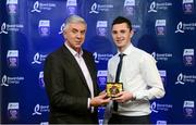 12 October 2013; The left half back on the inaugural Bord Gáis Energy Under 21 Team of the Year is Ray Barry, Waterford. The Lismore clubman was superb as Waterford came up just short in dethroning Clare in the Munster Semi-Final. Pictured with Ray is Ger Cunningham, Bord Gáis Energy Ambassador and Team of the Year Judge. Bord Gáis Energy All-Ireland GAA Hurling Under 21 Team of the Year Awards, Croke Park, Dublin. Photo by Sportsfile