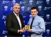 12 October 2013; The left half forward on the inaugural Bord Gáis Energy Under 21 Team of the Year is Stephan McAfee, Antrim. Stephan was a key member of the Antrim team that dominated Ulster and beat Wexford to set up a first ever All-Ireland Final appearance at this level for Antrim. He is one of two Antrim representatives on the Team of the Year. Pictured with Stephan is Ger Cunningham, Bord Gáis Energy Ambassador and Team of the Year Judge. Bord Gáis Energy All-Ireland GAA Hurling Under 21 Team of the Year Awards, Croke Park, Dublin. Photo by Sportsfile