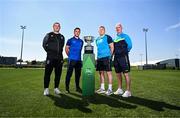 19 May 2025; In attendance, from left, Fairview Rangers AFC manager Mick Shiel, Fairview Rangers AFC captain Shane Duggan, North End United FC captain Paul Murphy and North End United FC manager Gary Dempsey during the FAI Junior Cup media day at FAI HQ in Dublin. Photo by Ben McShane/Sportsfile