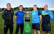 19 May 2025; In attendance, from left, Fairview Rangers AFC manager Mick Shiel, Fairview Rangers AFC captain Shane Duggan, North End United FC captain Paul Murphy and North End United FC manager Gary Dempsey during the FAI Junior Cup media day at FAI HQ in Dublin. Photo by Ben McShane/Sportsfile