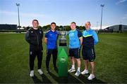 19 May 2025; In attendance, from left, Fairview Rangers AFC manager Mick Shiel, Fairview Rangers AFC captain Shane Duggan, North End United FC captain Paul Murphy and North End United FC manager Gary Dempsey during the FAI Junior Cup media day at FAI HQ in Dublin. Photo by Ben McShane/Sportsfile