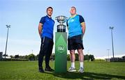 19 May 2025; Fairview Rangers AFC captain Shane Duggan, left, and North End United FC captain Paul Murphy during the FAI Junior Cup media day at FAI HQ in Dublin. Photo by Ben McShane/Sportsfile