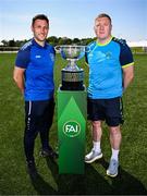 19 May 2025; Fairview Rangers AFC captain Shane Duggan, left, and North End United FC captain Paul Murphy during the FAI Junior Cup media day at FAI HQ in Dublin. Photo by Ben McShane/Sportsfile