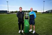 19 May 2025; Fairview Rangers AFC manager Mick Shiel, left, and North End United FC manager Gary Dempsey during the FAI Junior Cup media day at FAI HQ in Dublin. Photo by Ben McShane/Sportsfile