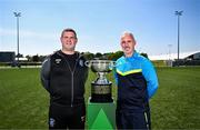 19 May 2025; Fairview Rangers AFC manager Mick Shiel, left, and North End United FC manager Gary Dempsey during the FAI Junior Cup media day at FAI HQ in Dublin. Photo by Ben McShane/Sportsfile