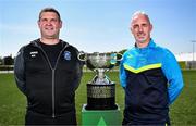 19 May 2025; Fairview Rangers AFC manager Mick Shiel, left, and North End United FC manager Gary Dempsey during the FAI Junior Cup media day at FAI HQ in Dublin. Photo by Ben McShane/Sportsfile