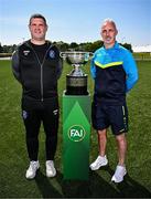 19 May 2025; Fairview Rangers AFC manager Mick Shiel, left, and North End United FC manager Gary Dempsey during the FAI Junior Cup media day at FAI HQ in Dublin. Photo by Ben McShane/Sportsfile