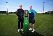 19 May 2025; Fairview Rangers AFC manager Mick Shiel, left, and North End United FC manager Gary Dempsey during the FAI Junior Cup media day at FAI HQ in Dublin. Photo by Ben McShane/Sportsfile