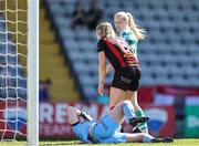 17 May 2025; Fiona Donnelly of Bohemians reacts after scoring an own goal, for the first goal for Shamrock Rovers, during the SSE Airtricity Women's Premier Division match between Bohemians and Shamrock Rovers at Dalymount Park in Dublin. Photo by Thomas Flinkow/Sportsfile