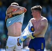 17 May 2025; Seán O'Shea of Kerry, left, and Daire Cregg of Roscommon exchange jerseys after the GAA Football All-Ireland Senior Championship Round 1 match between Kerry and Roscommon at Fitzgerald Stadium in Killarney, Kerry. Photo by Brendan Moran/Sportsfile