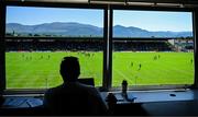 17 May 2025; The Kerryman journalist Paul Brennan watches as players contest a kickout during the GAA Football All-Ireland Senior Championship Round 1 match between Kerry and Roscommon at Fitzgerald Stadium in Killarney, Kerry. Photo by Brendan Moran/Sportsfile