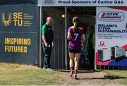 17 May 2025; Wexford captain Laura Dempsey returns to the changing room before during the Leinster Senior Camogie final match between Wexford and Kilkenny at Netwatch Cullen Park in Carlow. There are no match action pictures from this game at the request of the participating players. Photo by Michael P Ryan/Sportsfile