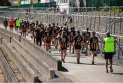 17 May 2025; Kilkenny players return to the changine rooms after the warm up before the Leinster Senior Camogie final match between Wexford and Kilkenny at Netwatch Cullen Park in Carlow. There are no match action pictures from this game at the request of the participating players. Photo by Michael P Ryan/Sportsfile
