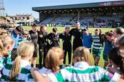 17 May 2025; Shamrock Rovers manager Collie O'Neill, centre, speaks to his players after their victory in the SSE Airtricity Women's Premier Division match between Bohemians and Shamrock Rovers at Dalymount Park in Dublin. Photo by Thomas Flinkow/Sportsfile