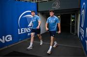 17 May 2025; Diarmuid Mangan, left, and Gus McCarthy of Leinster before the United Rugby Championship match between Leinster and Glasgow Warriors at the Aviva Stadium in Dublin. Photo by Ramsey Cardy/Sportsfile