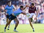 17 May 2025; Paul Conroy of Galway has his shot blocked down by Theo Clancy of Dublin during the GAA Football All-Ireland Senior Championship Round 1 match between Galway and Dublin at Pearse Stadium in Galway. Photo by Piaras Ó Mídheach/Sportsfile