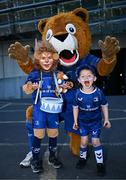 17 May 2025; Leinster supporters Kyla Blake and 7, and Brody Blake, age 3, from Wicklow, with Leo the Lion before the United Rugby Championship match between Leinster and Glasgow Warriors at the Aviva Stadium in Dublin. Photo by Sam Barnes/Sportsfile