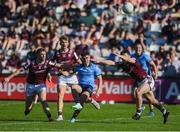 17 May 2025; Lorcan O'Dell of Dublin gets a shot off despite the efforts of Galway players, from left, Dylan McHugh and Liam Silke during the GAA Football All-Ireland Senior Championship Round 1 match between Galway and Dublin at Pearse Stadium in Galway. Photo by John Sheridan/Sportsfile