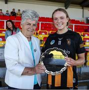 17 May 2025; President of Leinster camogie Phyllis Breslin presents the player of the match award to Laura Murphy of Kilkenny after the Leinster Senior Camogie final match between Wexford and Kilkenny at Netwatch Cullen Park in Carlow. There are no action pictures from this game at the request of the players. Photo by Michael P Ryan/Sportsfile