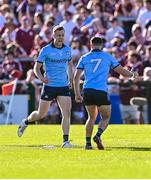17 May 2025; Tom Lahiff of Dublin, left, celebrates with team-mate Brian Howard after scoring the winning point, after the second half hooter, in the GAA Football All-Ireland Senior Championship Round 1 match between Galway and Dublin at Pearse Stadium in Galway. Photo by Piaras Ó Mídheach/Sportsfile
