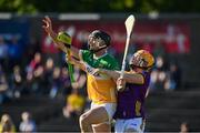 17 May 2025; Jason Sampson of Offaly in action against Simon Donoghue of Wexford during the Leinster GAA Hurling Senior Championship Round 4 match between Wexford and Offaly at Chadwicks Wexford Park in Wexford. Photo by Matt Browne/Sportsfile